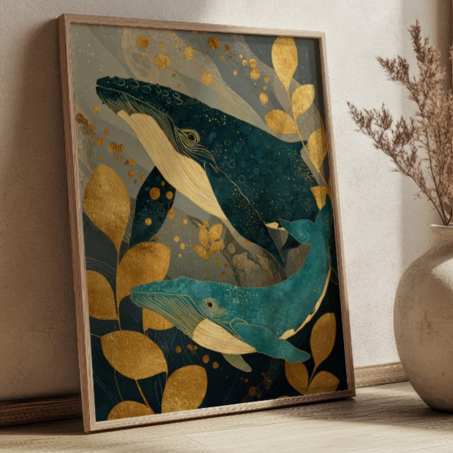 Navy Blue& Gold Whale Illustration Kintsugi Ocean Poster (Creator Uploaded)