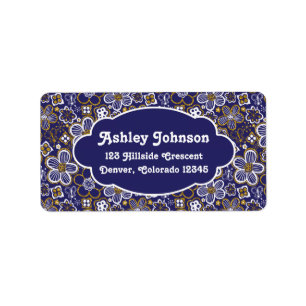 Navy Blue Gold Whimsical Floral Return Address Label