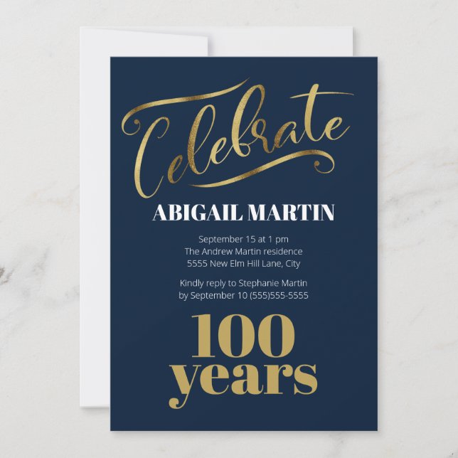 Navy Blue Gold White 100th Birthday Party Invitation (Front)