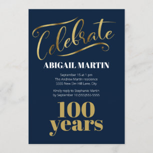 Navy Blue Gold White 100th Birthday Party Invitation