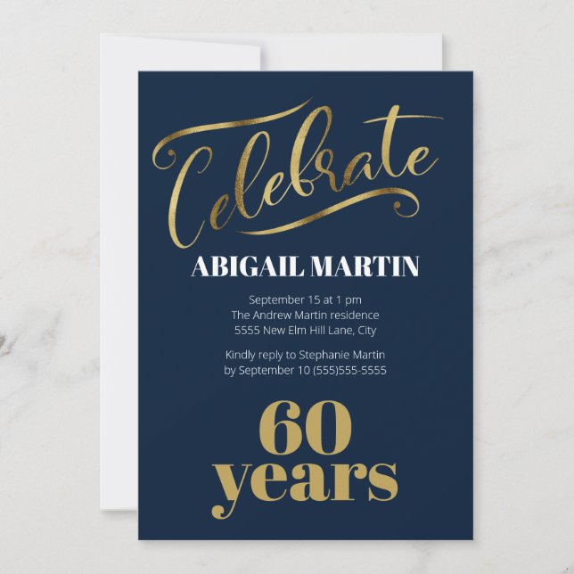 Navy Blue Gold White 60th Birthday Party Invitation (Front)
