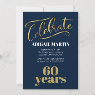 Navy Blue Gold White 60th Birthday Party Invitation