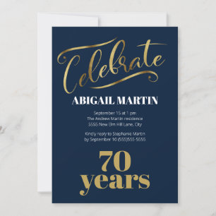 Navy Blue Gold White 70th Birthday Party Invitation