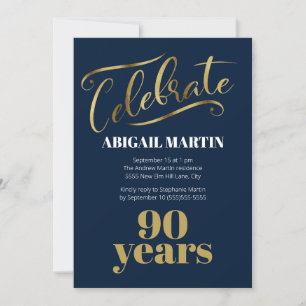 Navy Blue Gold White 90th Birthday Party Invitation
