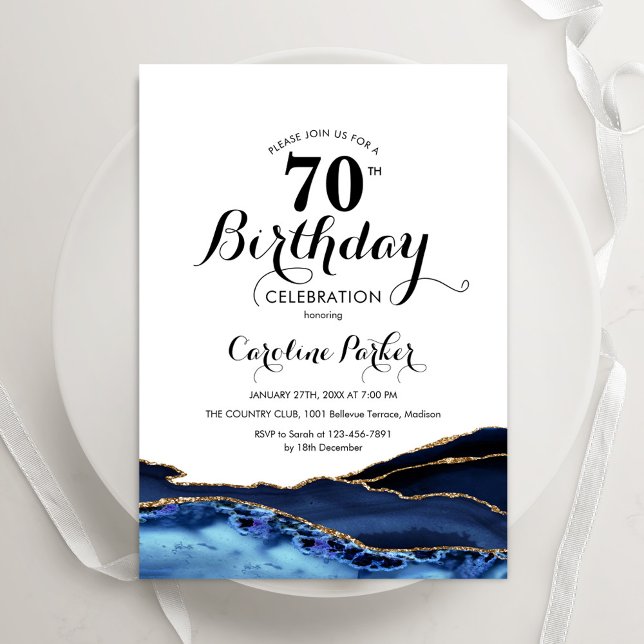Navy Blue Gold White Agate 70th Birthday Invitation (Creator Uploaded)