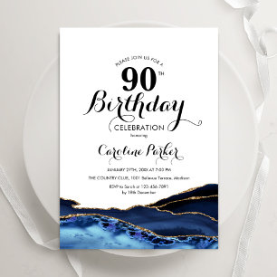 Navy Blue Gold White Agate 90th Birthday Invitation