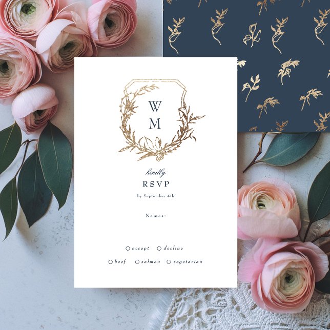 Navy Blue Gold White classic floral crest wedding RSVP Card (Creator Uploaded)