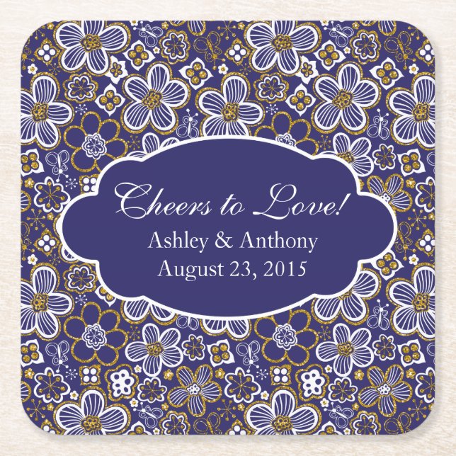 Navy Blue Gold White Floral Personalised Wedding Square Paper Coaster (Front)