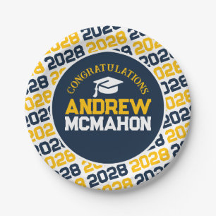 Navy Blue, Gold & White Graduation Personalised Paper Plate