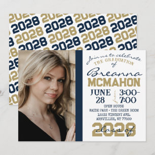 Navy Blue Gold & White Graduation Photo Invitation