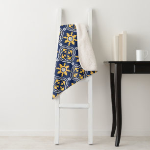 Navy blue gold white Moroccan ogee tile arabesque  Sherpa Blanket