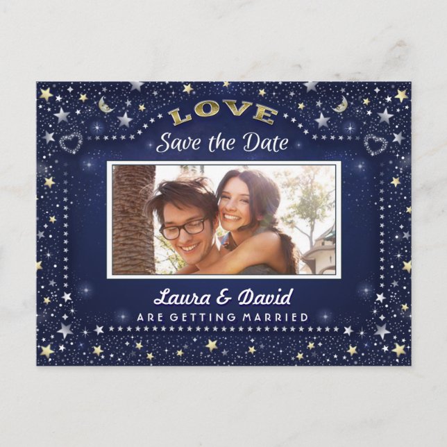 Navy Blue Gold White Stars Photo Save the Date Announcement Postcard (Front)