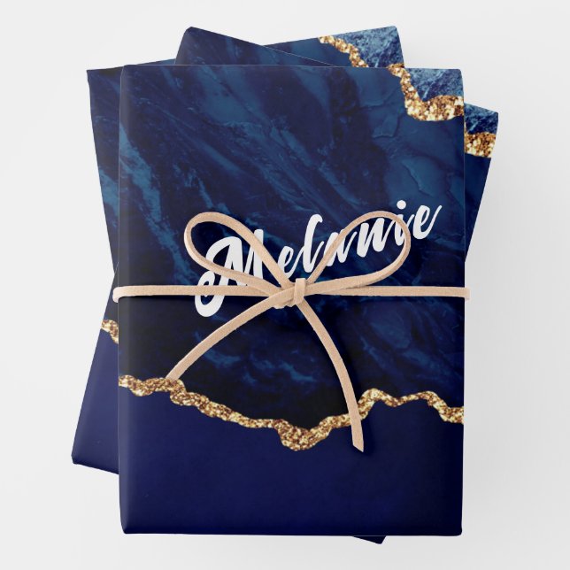 Navy Blue Gold Wrapping Paper Sheets Custom Name (In situ)
