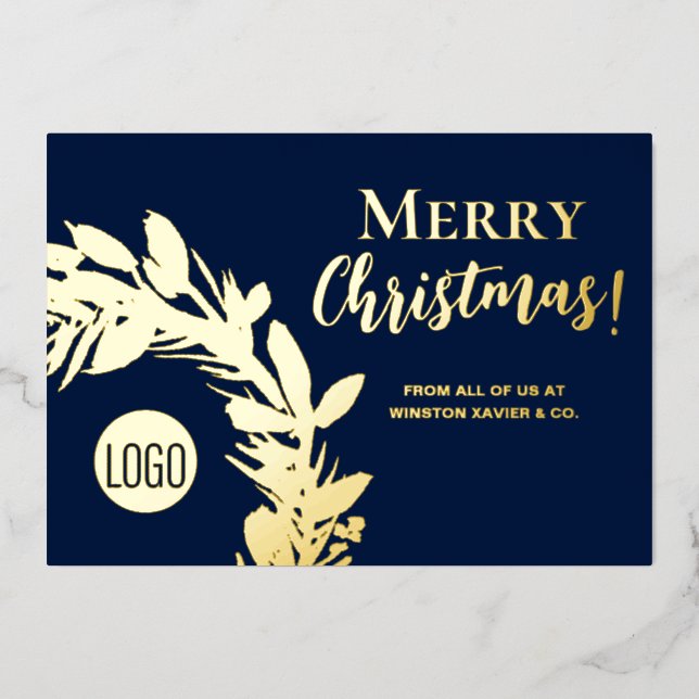 Navy Blue Gold Wreath Merry Christmas  Foil Holiday Card (Front)