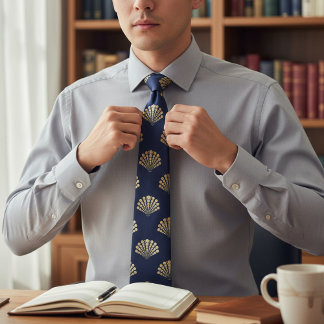 Navy Blue Gold Yellow Mermaid Sea Shells Pattern Tie