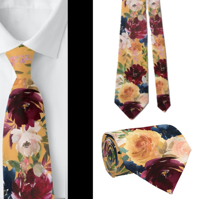 Navy Blue, Gold Yellow, Pink Wine Floral Neck Tie (Creator Uploaded)