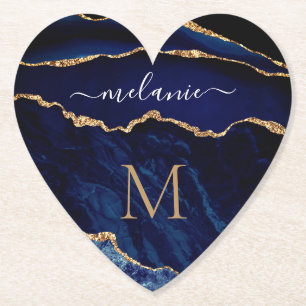 Navy Blue Gold Your Letter Name Paper Coaster