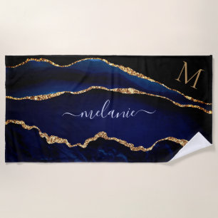 Navy Blue Gold Your Name Letter Beach Towel