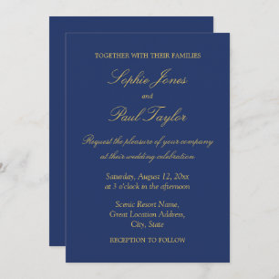 Navy Blue Golden Beige Elegant Wedding Invitation