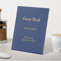 Navy Blue Golden Beige Guest Book Pedestal Sign
