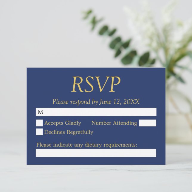 Navy Blue Golden Beige Wedding RSVP Card (Standing Front)