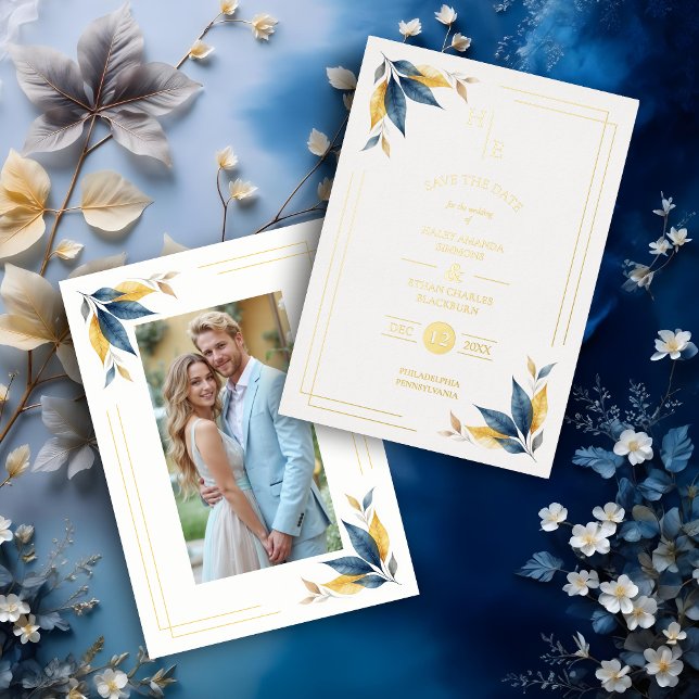 Navy Blue & Golden Botanical Leaves Corner Photo (Navy Blue & Real Gold Botanical Leaves Corner Metallic Foil Save the Date Cards with Initials Photo.)