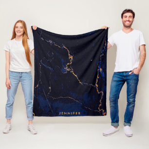 Navy Blue Golden Marble Fleece Blanket