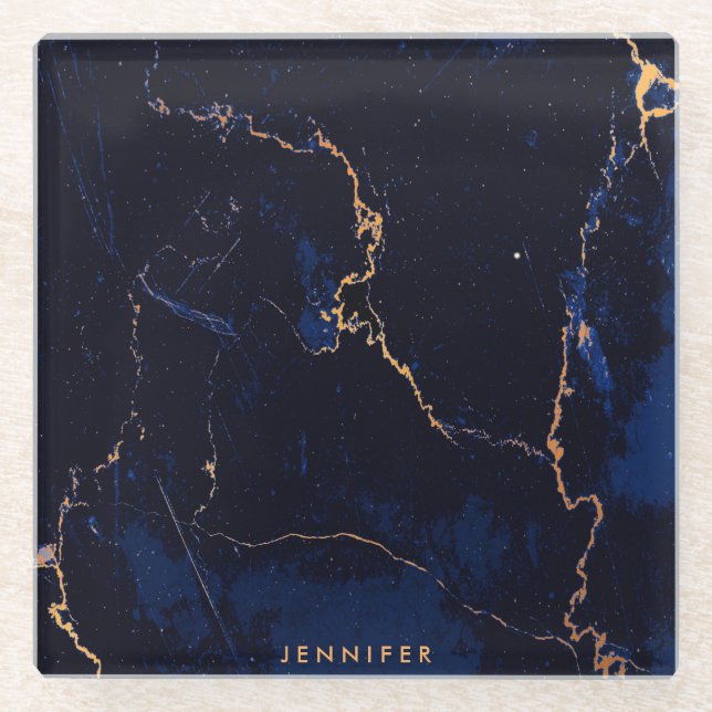 Navy Blue Golden Marble Glass Coaster (Front)