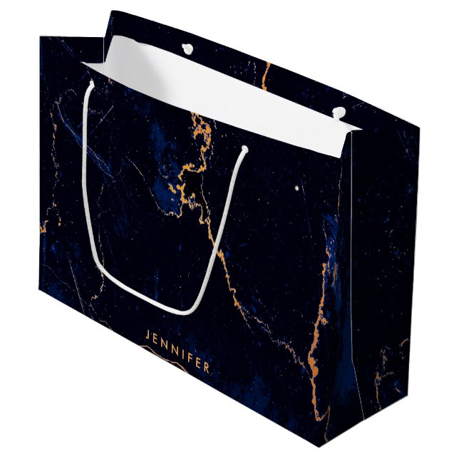 Navy Blue Golden Marble Large Gift Bag (Front Angled)