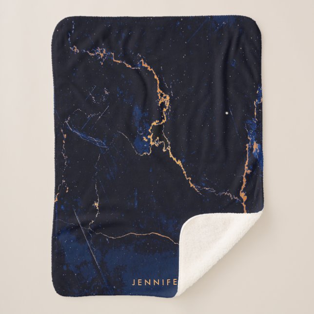 Navy Blue Golden Marble Sherpa Blanket (Front)