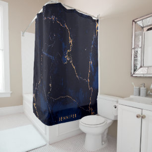 Navy Blue Golden Marble Shower Curtain