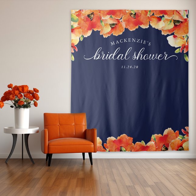 Navy Blue Golden Poppy Bridal Shower Backdrop Tapestry (Navy Blue Golden Poppy Bridal Shower Backdrop)