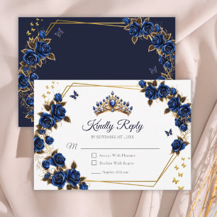 Navy Blue Golden Roses Tiara Quinceañera RSVP Card