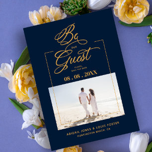 Navy Blue & Golden Sophisticated Minimalist Photo Save The Date