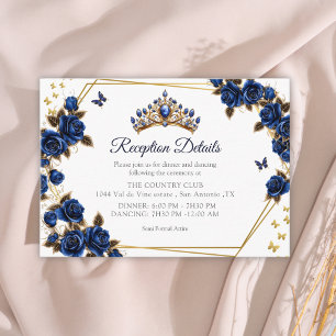 Navy Blue Golden Tiara Roses Butterfly Quinceañera Enclosure Card