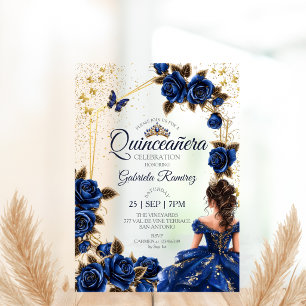 Navy Blue Golden Tiara Roses  Quinceañera Acrylic Invitations
