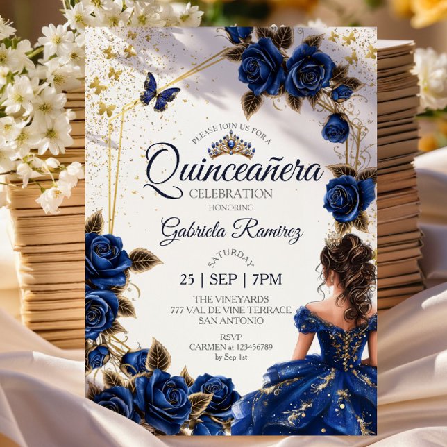 Navy Blue Golden Tiara Roses  Quinceañera Invitation (Creator Uploaded)