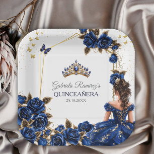 Navy Blue Golden Tiara Roses Quinceañera Paper Plate