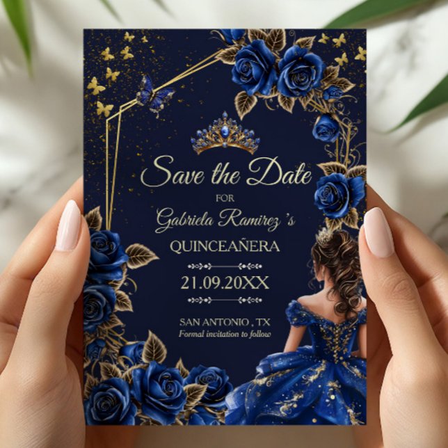 Navy Blue Golden Tiara Roses  Quinceañera Save The Date (Creator Uploaded)