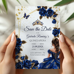 Navy Blue Golden Tiara Roses Quinceañera Save The Date