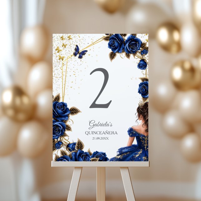 Navy Blue Golden Tiara Roses  Quinceañera  Table Number (Creator Uploaded)