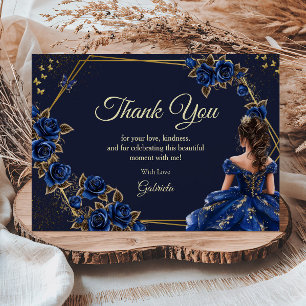 Navy Blue Golden Tiara Roses Quinceañera Thank You Card