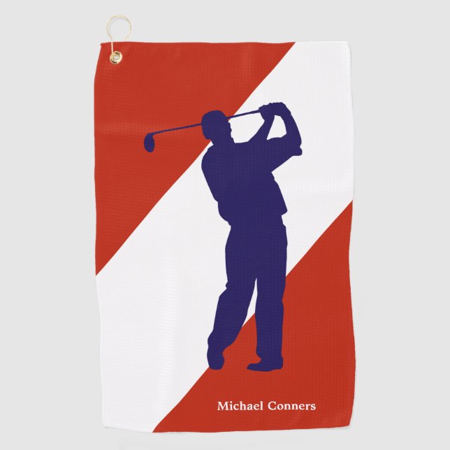 Navy Blue Golfer on Red White Golf Towel (Front)