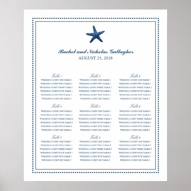 Navy Blue Graceful Starfish 20 x 24 Seating Chart (Front)