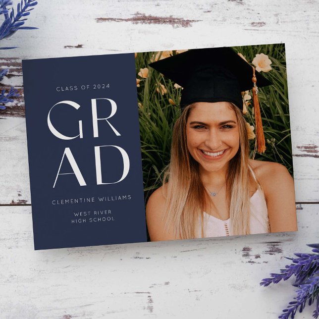 Navy Blue Grad Block Modern Photo Graduation Invitation (Creator Uploaded)