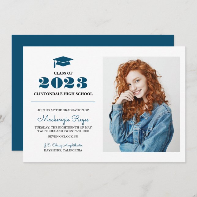 Navy Blue Grad Cap - Simple Photo Graduation Invitation (Front/Back)