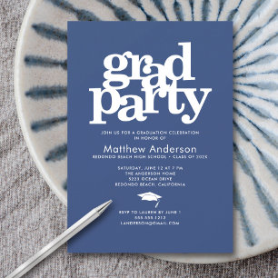 Navy blue grad party modern bold typography simple invitation