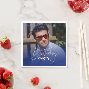 Navy Blue Gradient Personalised Photo Birthday Napkin