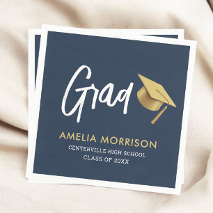 Navy Blue Graduate Gold Cap Graduation Napkin