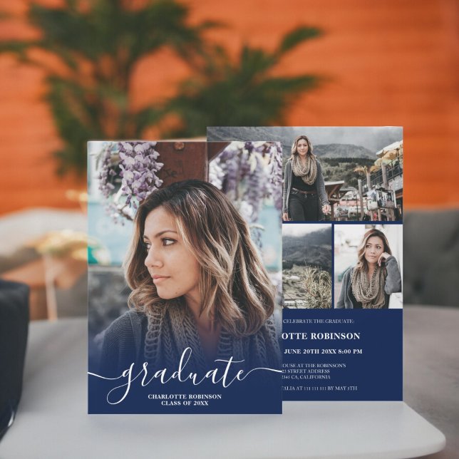 Navy blue graduate script photo graduation invitation (Navy blue graduate script photo graduation invitation)